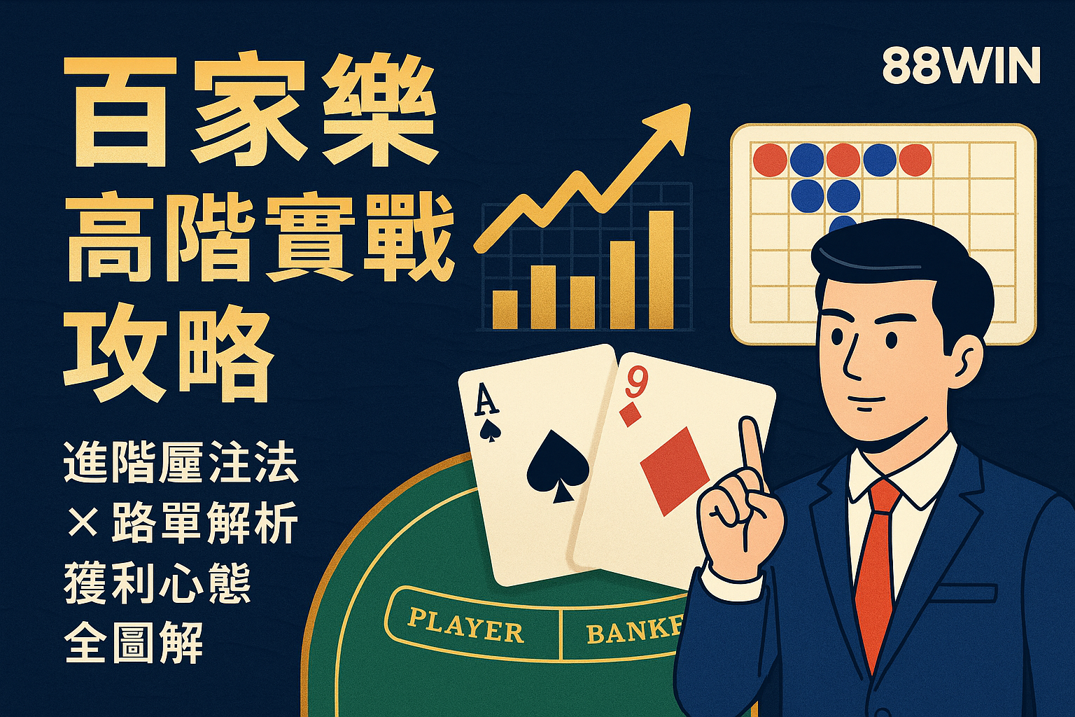 88WIN 百家樂高階實戰封面圖,顯示進階下注策略與路單圖示組合