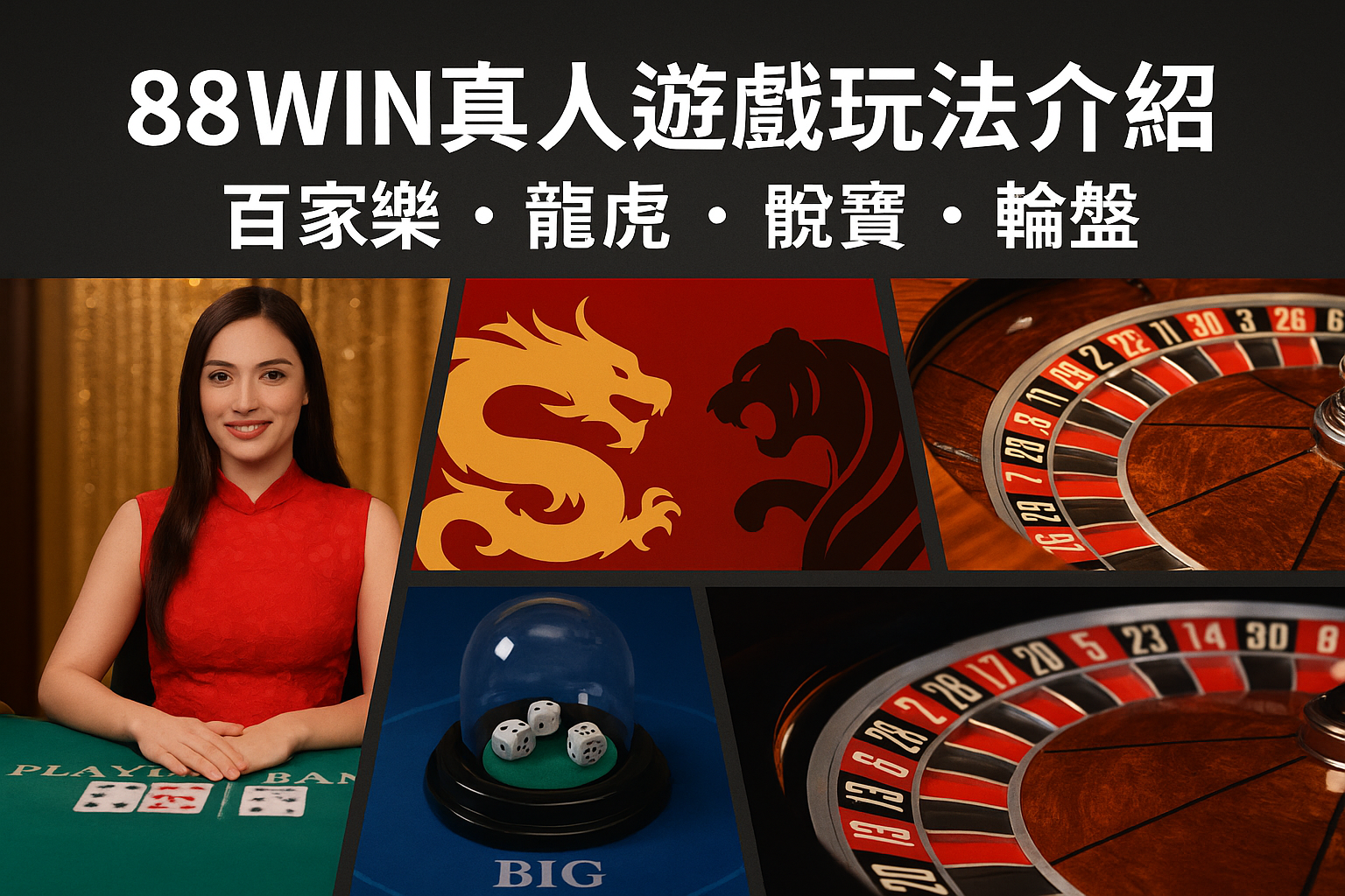 真人荷官、百家樂牌桌、輪盤與骰寶畫面拼接成一張導覽示意圖