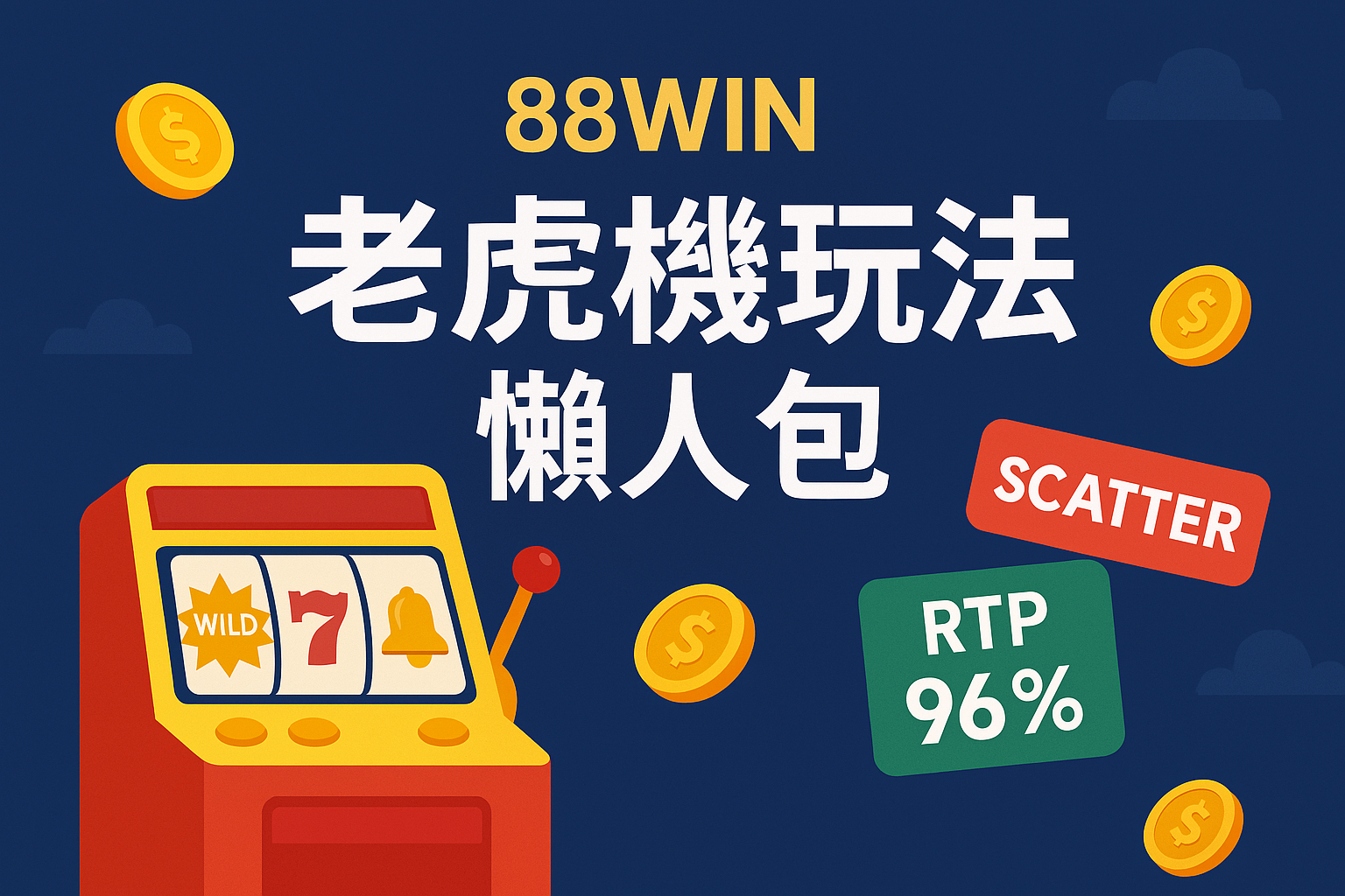 老虎機玩法教學封面圖，包含轉軸、Wild、Scatter與RTP教學圖像