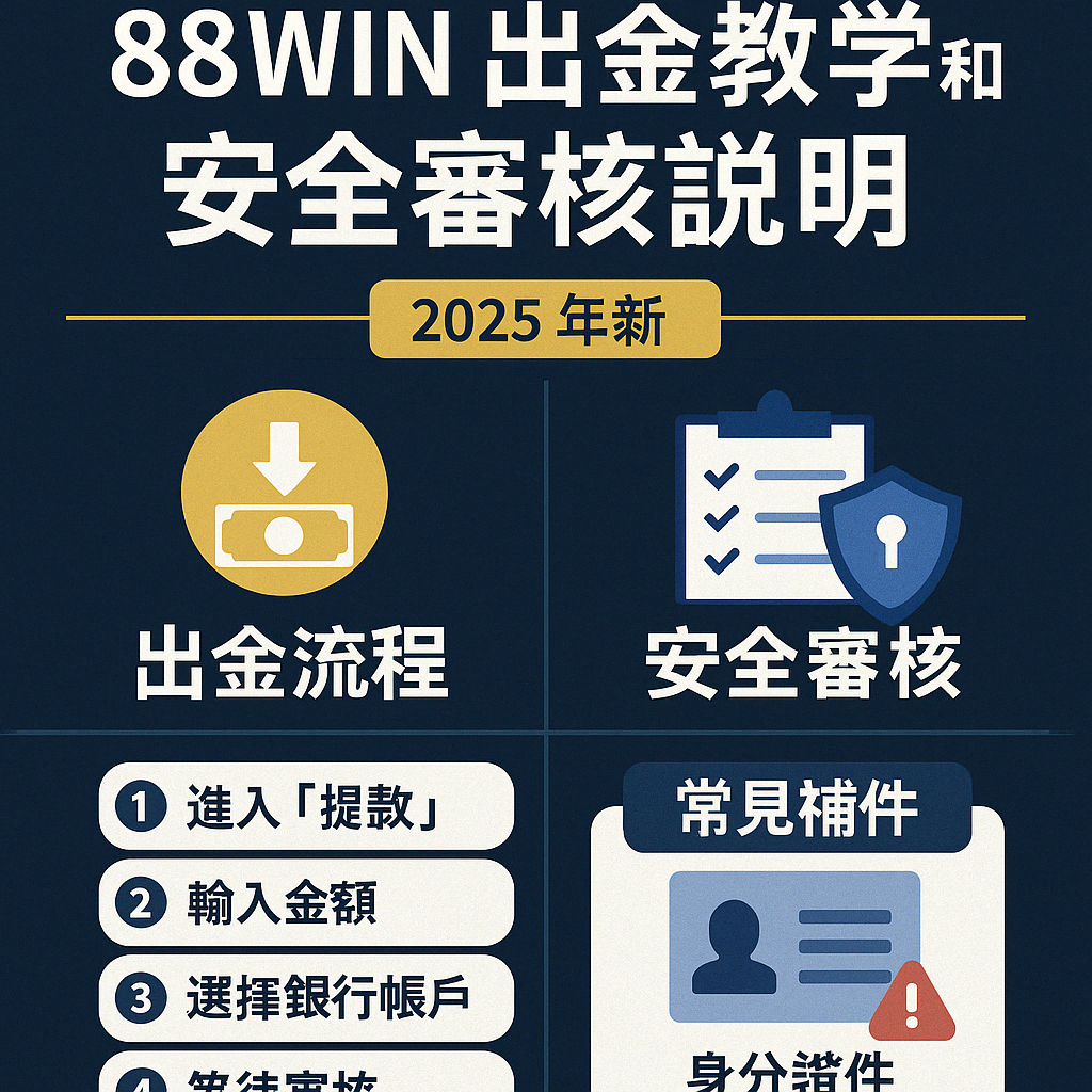88WIN 提款教學封面圖，顯示提款操作與補件審核重點