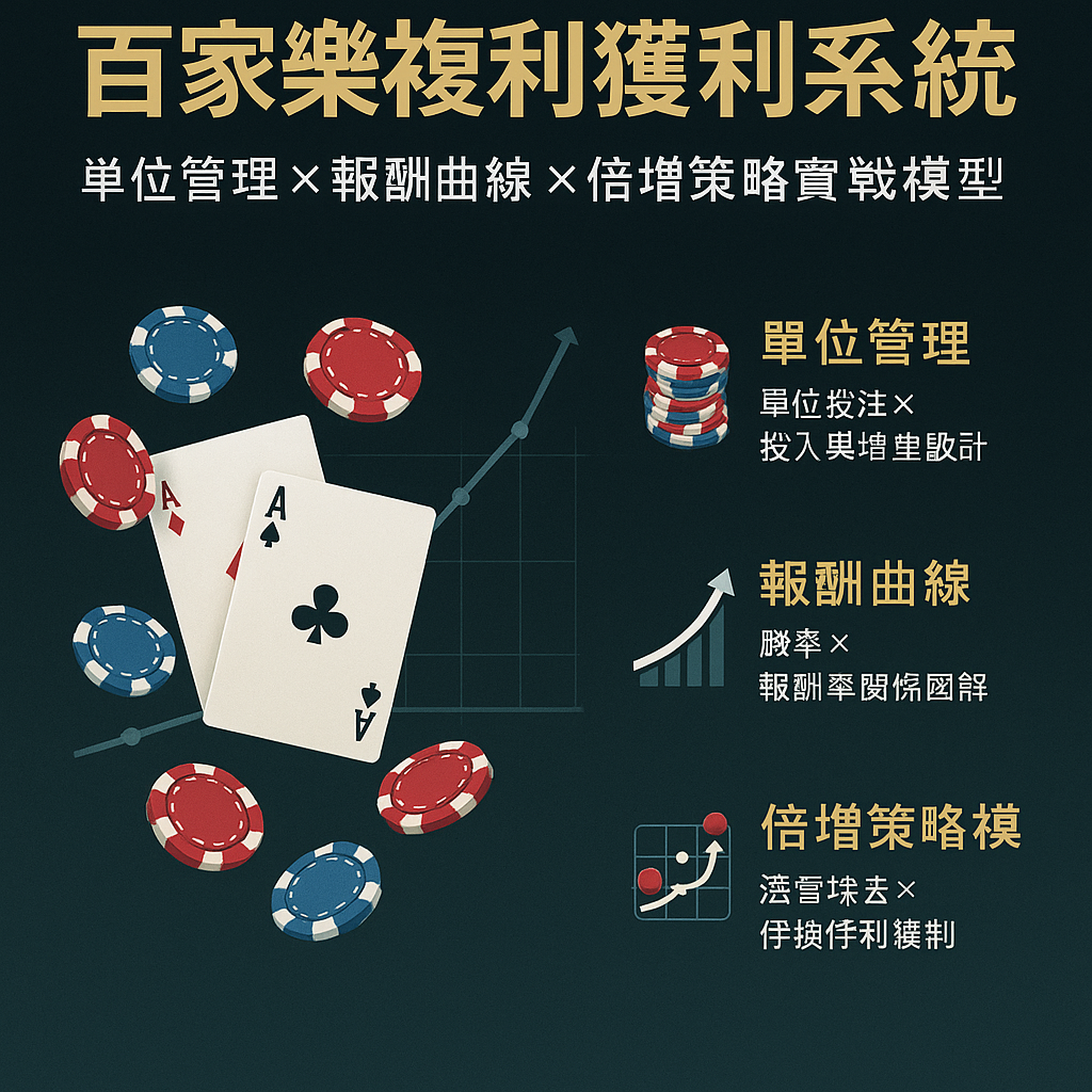 88WIN 百家樂複利下注與獲利系統封面圖，包含單位投注、報酬曲線與下注模擬圖示