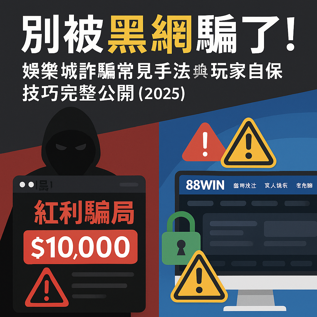 一張展示黑網詐騙情境與玩家自保策略的數位插圖,畫面包含警告標誌、紅利詐騙圖示與安全提示