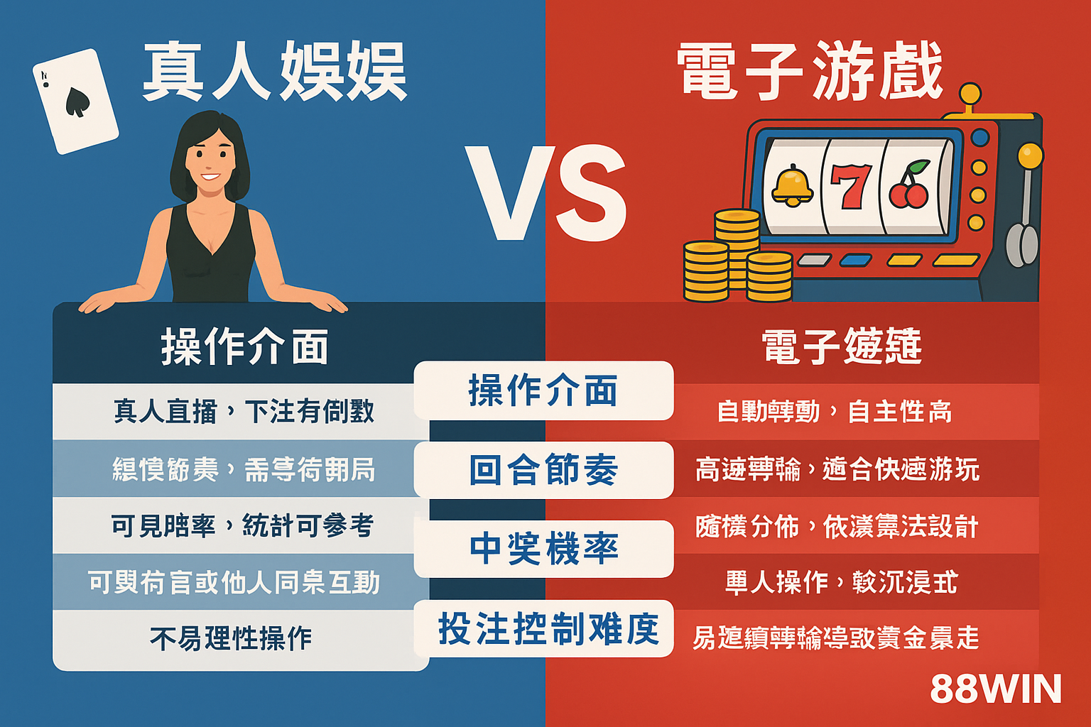真人百家樂與電子老虎機的對比圖，呈現操作方式與玩家特性差異