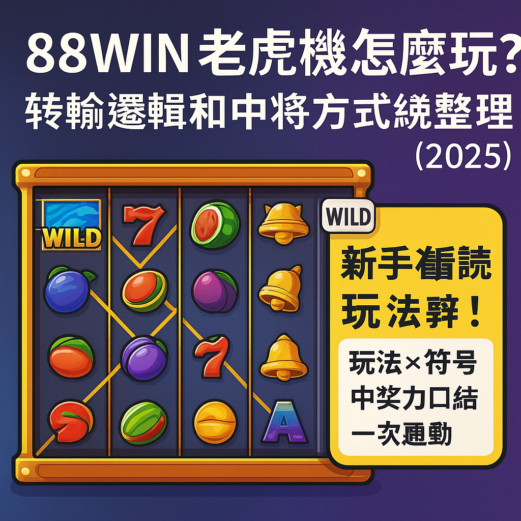 一張老虎機介面顯示轉輪與中獎線條,搭配 Wild、Scatter 說明圖示,象徵新手教學與玩法解析視覺風格